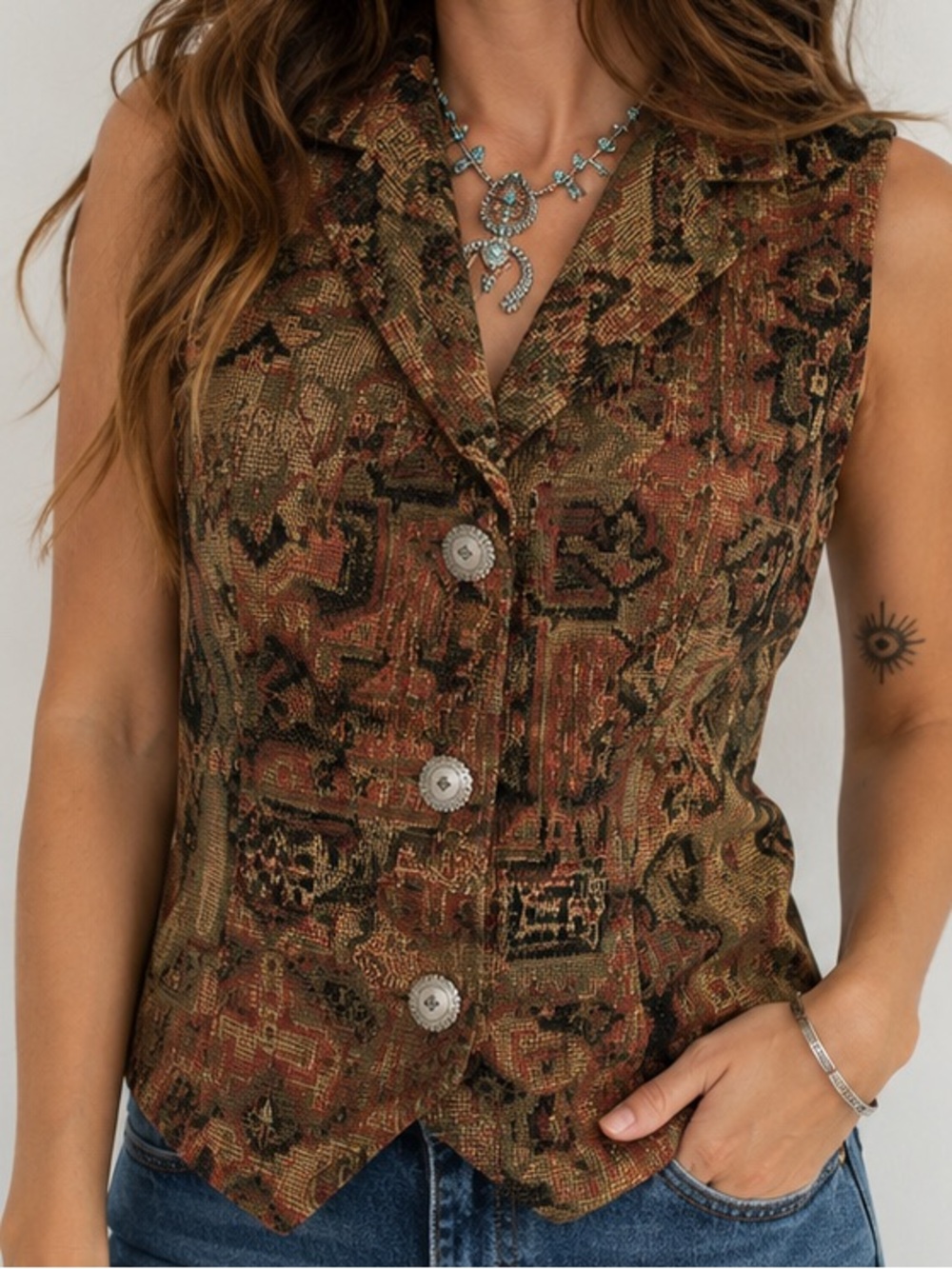 Vintage Lucille Southwestern Tapestry Vest, etched silver-tone buttons, M-USA